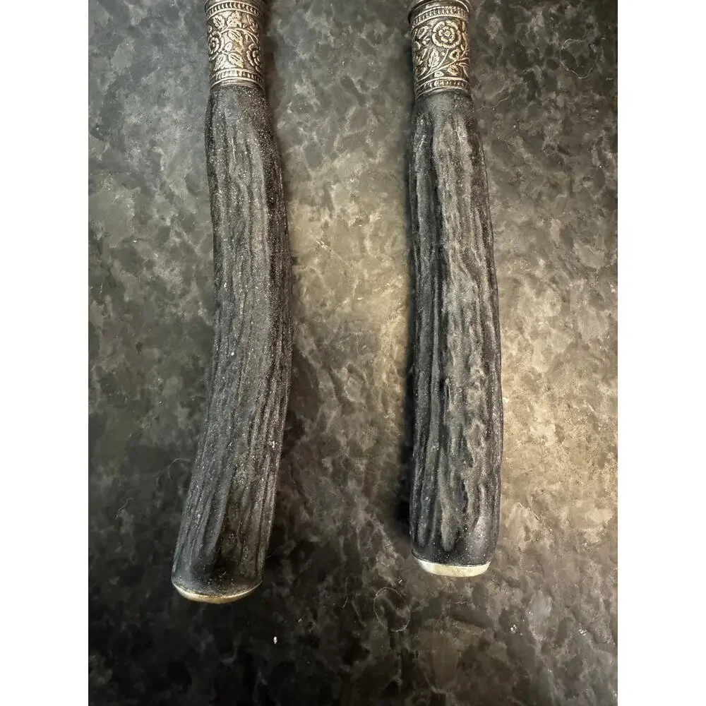 Antique Stag Handle Carving Knife & Fork Set Silver Ferrule Victorian Era